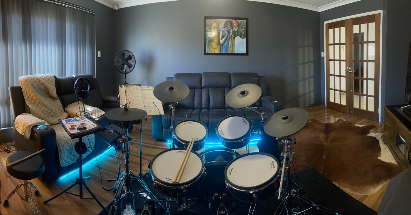 Drum studio setup with professional equipment